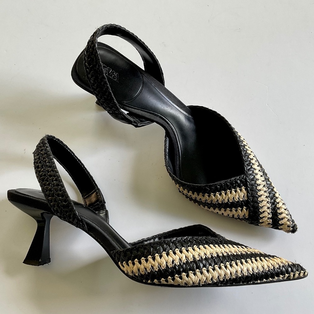 ZARA Woven Slingback Heels Black / Cream Size EU 39
